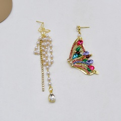 fashion asymmetric butterfly pearl tassel alloy drop earrings