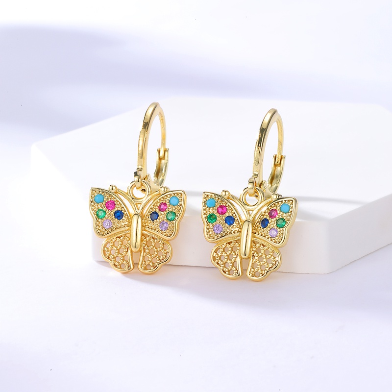Fashion Copper 18K Gold Plated Colorful Zircon Butterfly Buckle Earrings