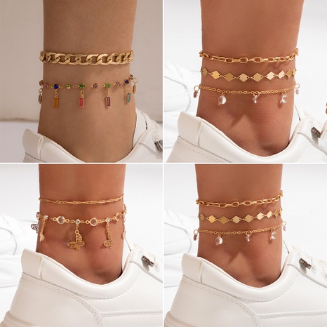 ethnic style foot ornaments color diamond tassel double-layer anklet's discount tags