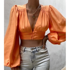 2022 spring and summer new solid color sexy long-sleeved short top