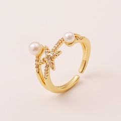 Fashion Copper Jewelry Geometric Inlaid Zircon Pearl Ring 