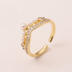 simple hand jewelry crown pearl copper micro-set zircon opening adjustable tail ring