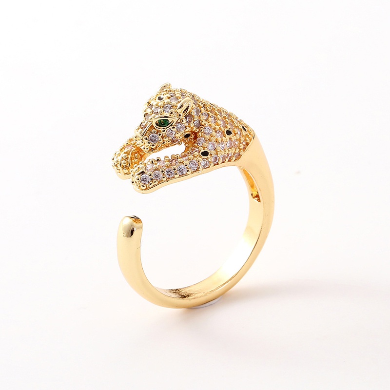 new hiphop copper inlaid zircon leopard head open tail ring