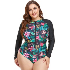Cross-border new European and American women's plus size one-piece swimsuit long-sleeved printing zipper fat woman AliExpress conservative swimwear 30