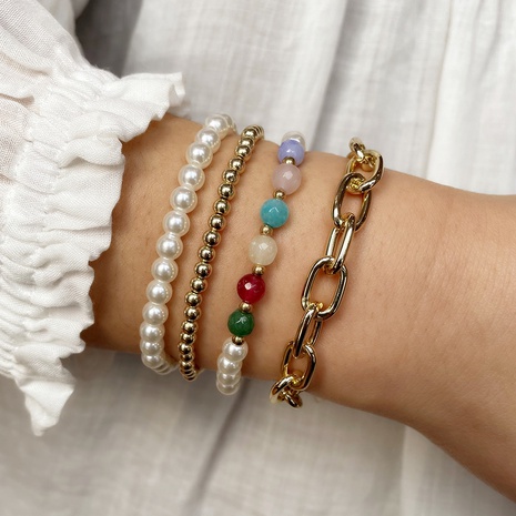 ethnic style multi-layer crystal agate elastic beaded pearl bracelet's discount tags