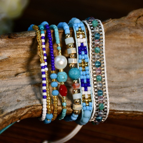 Bracelet tissé turquoise multicouche style bohème en perles bleues's discount tags