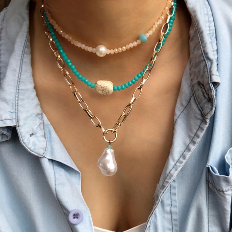 fashion crystal beaded multi-layer turquoise pearl pendant clavicle chain's discount tags