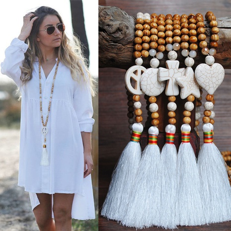 perles en bois de mode style ethnique pompon collier turquoise's discount tags
