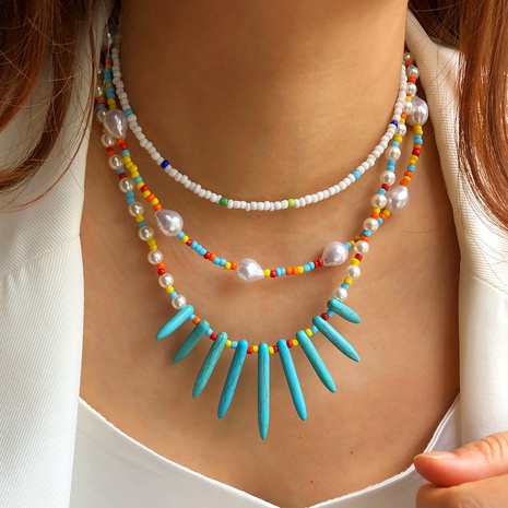 fashion multi-layer pearl turquoise color beads clavicle chain female's discount tags