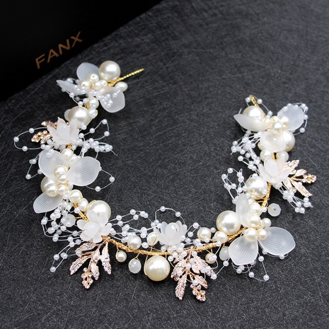 New Pearl Flower Hand-woven Gold Leaf Hairband Bridal Headwear's discount tags