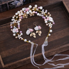 tocado de novia hecho a mano perla cerámica flor diadema pendientes conjunto