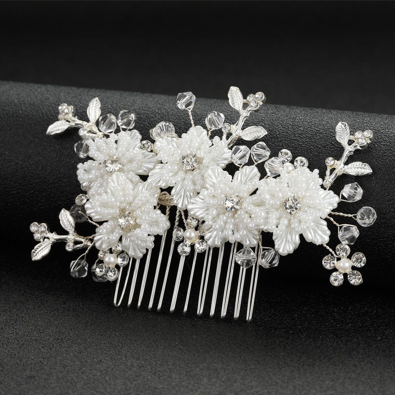 Bridal wedding hair accessories white flowers beaded hair comb