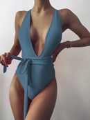 new solid color Vneck tie onepiece backless bikini swimwearpicture8
