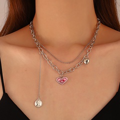 fashion double-layer pink heart pendant stacking tassel alloy sweater chain