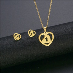 New 18K Gold Stainless Steel Heart-Shaped Safe Lock Heart-Shaped Necklace Stud Earrings Set
