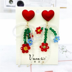 New exaggerated red heart-shaped color crystal beaded bow flower earrings