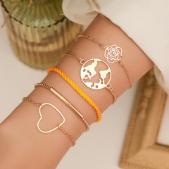 simple hollow heart rose yellow soft rope world map bracelet five-piece set 
