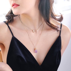 étiquette en or de mode collier en alliage multicouche pendentif en pierre naturelle violet clair