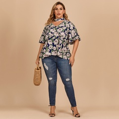 Large size women's clothing summer commuter tops lotus leaf sleeve floral shirt