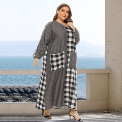 plus size V-neck plaid stitching long double-pocket casual loose long-sleeved dress