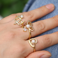 Fashion butterfly heart-shaped pearl micro-encrusted zircon copper open ring
