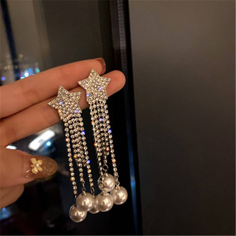Exaggerated full diamond pentagram long tassel pearl alloy earrings