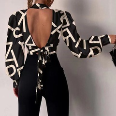 2022 New Printed Round Neck Long Sleeve Open Back Lace Hollow Shirt