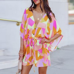 2022 summer new fashion hit color geometric print dress