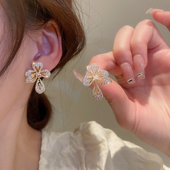 korean style inlaid pearl zircon flower shaped copper earrings wholesale