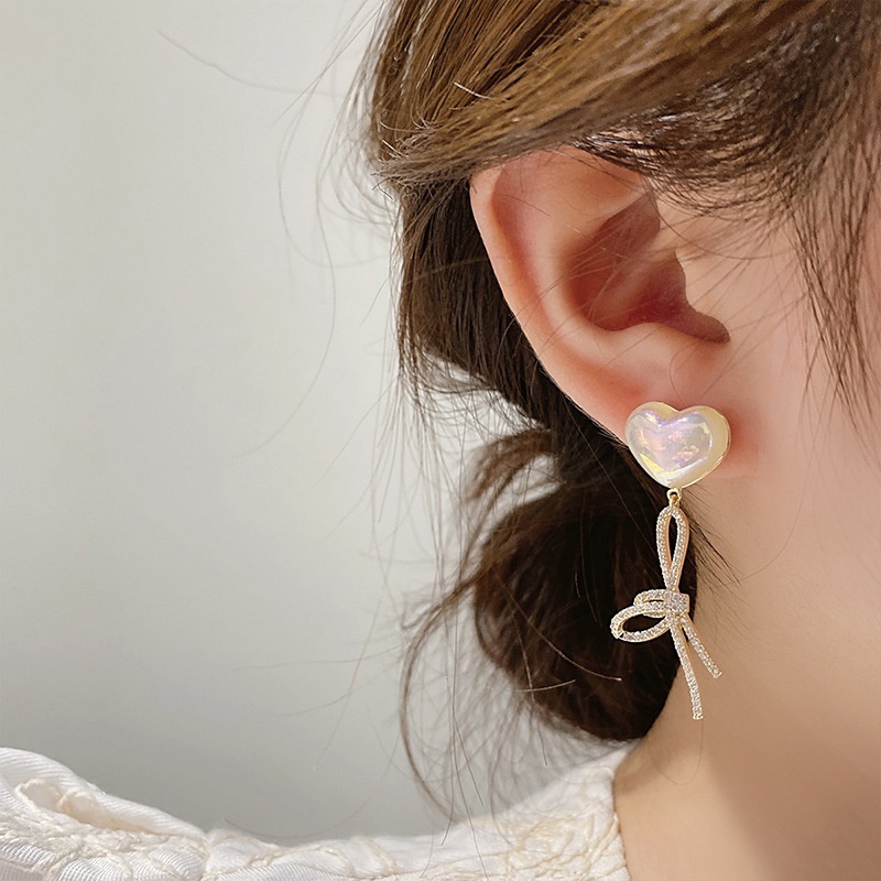 korean style inlaid zircon tassel bow pearl metal earrings whoelsale