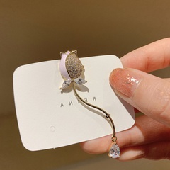 Korean style inlaid zircon tulip flower copper ear clips single earrings