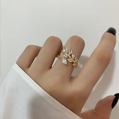 Copper real gold electroplating micro-encrusted zircon leaf open ring