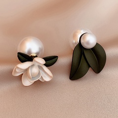 korean style asymmetric pearl flower leaf alloy earrings wholesale