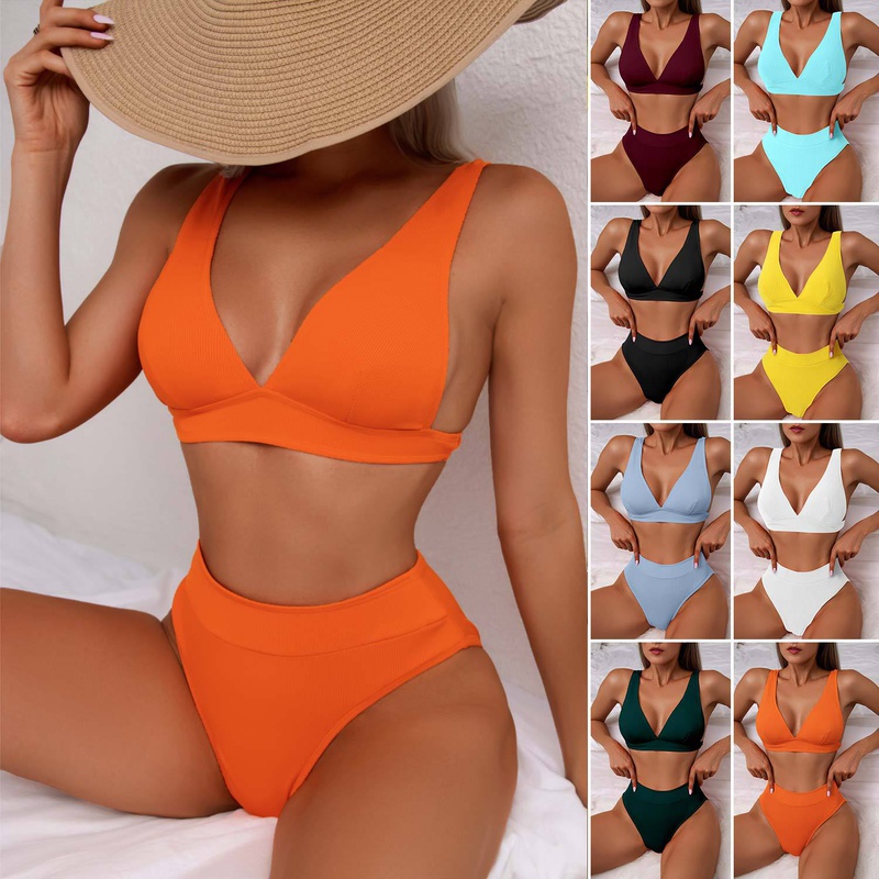 Bikini color liso cintura alta con abertura multicolores