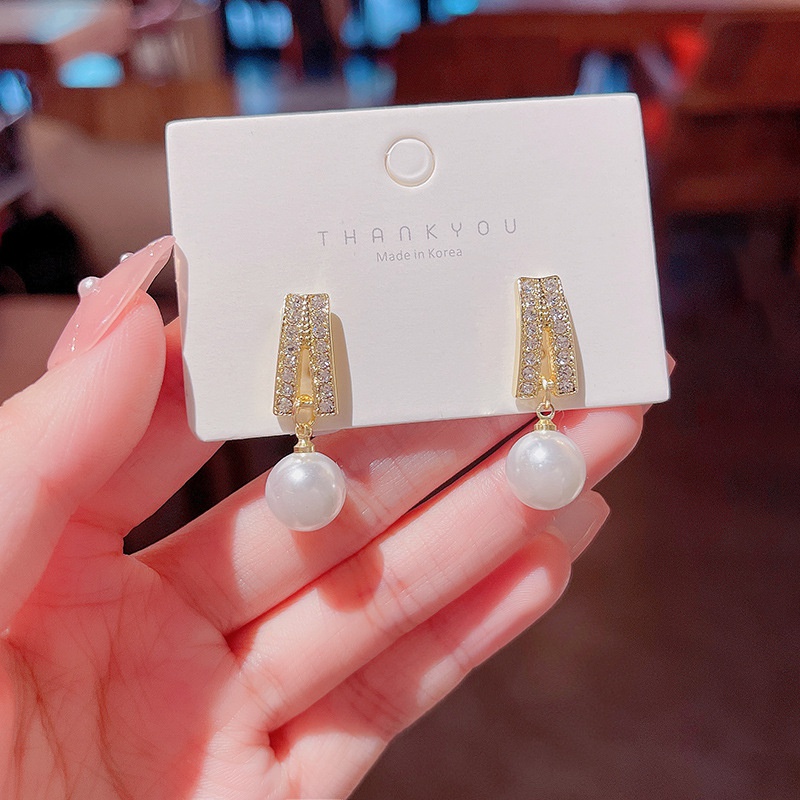 fashion simple geometric alloy diamond pearl drop earrings