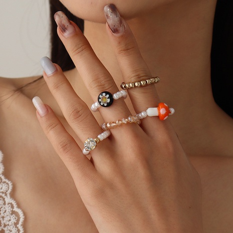 fashion imitation crystal beaded small mushroom ring set wholesale's discount tags