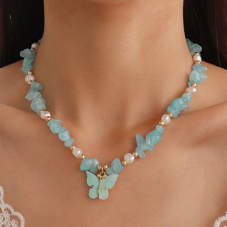 retro contrast color collarbone necklace imitation pearl butterfly beaded necklace's discount tags