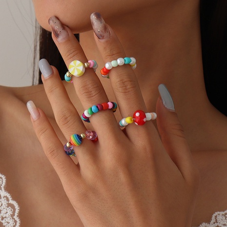Bohemian Ethnic Style Candy Color Beads Soft Pottery Small Mushroom Ring Set's discount tags