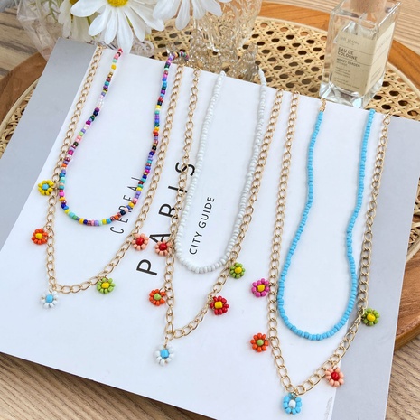 creative simple bohemian pearl flower beads necklace two-piece set's discount tags