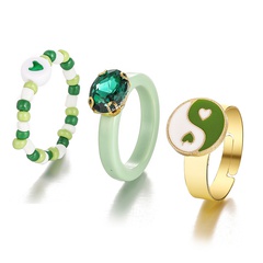 ensemble de 3 pièces de bague de coeur de perles de Tai Chi d'huile de gouttes vertes simples pour femmes