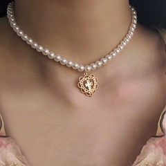 Retro hollow heart cross pendant pearl necklace female