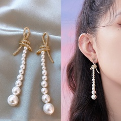 korean style bow rhinestone pearl tassel metal earrings wholesale
