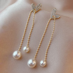 simple inlaid rhinestone heart shaped pearl tassel alloy earrings wholesale