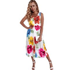 2022 summer new fashion short-sleeved pleated flower printed dress
