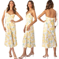 2022 nouvelle robe jaune sexy à bretelles à imprimé floral