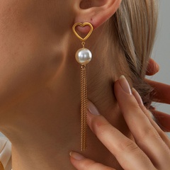 fashion stainless steel electroplating 18K gold heart pearl tassel long earrings