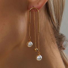 creative simple stainless steel electroplating 18K gold pearl tassel earrings