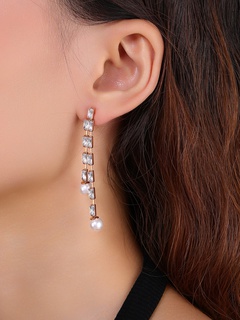 New copper inlaid zirconium long tassel ear line bead earrings
