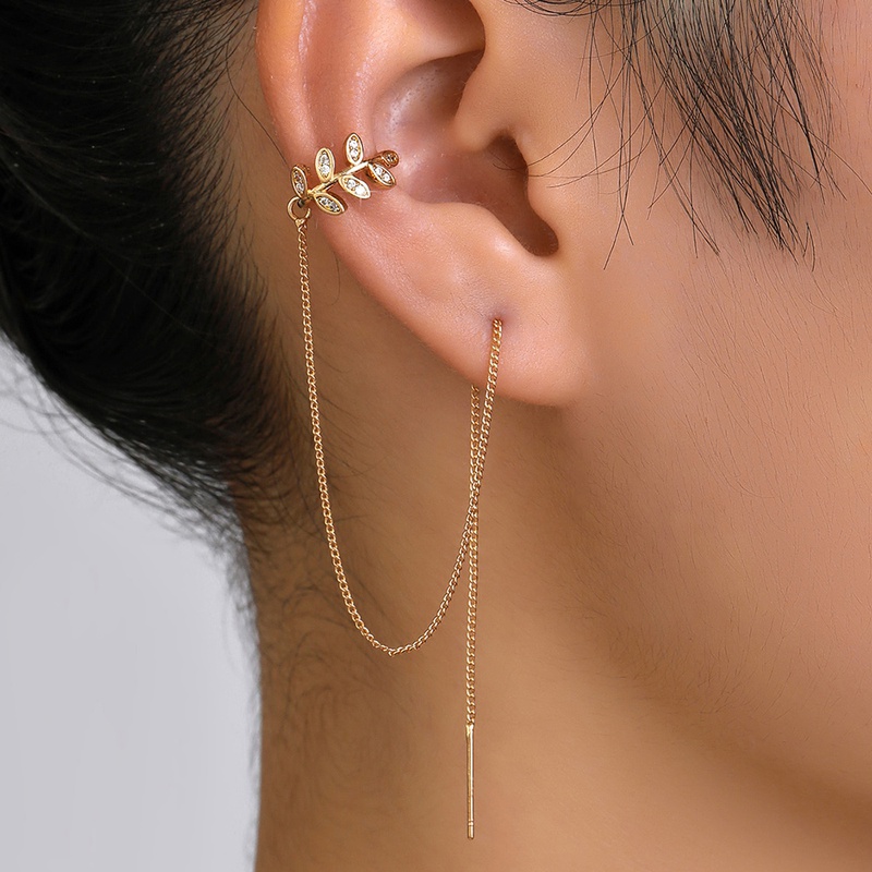 Pair of new fashion copper microinlaid zircon branch pendant tassel pierced earrings