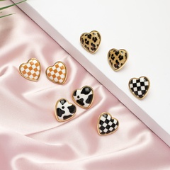 Leopard checkerboard heart alloy earrings female